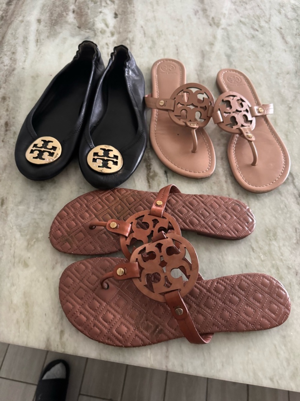 Tory Burch Black Ballet Flats & Tan/Brown Miller Logo Sandals Trio all size 9